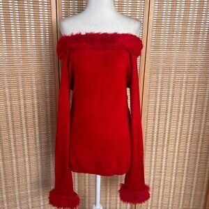 Vintage Y2K Takeout off shoulder red faux fur knit long sleeve